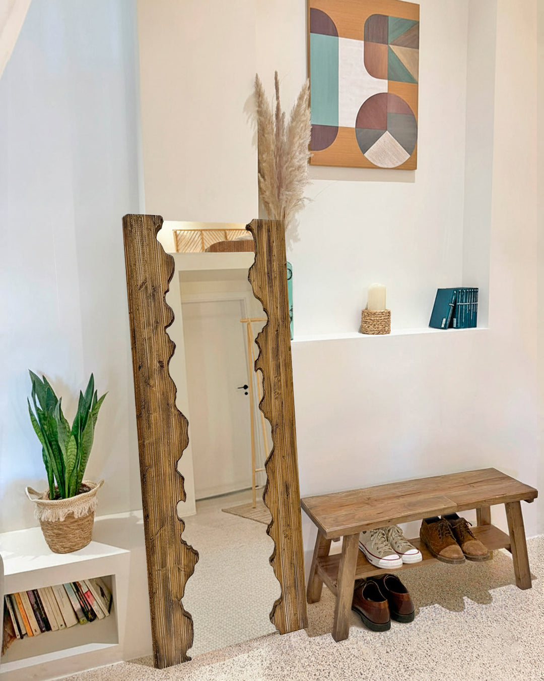 Banco de madera teca artesanal, asiento zapatero dormitorio estilo rústico mediterráneo nórdico