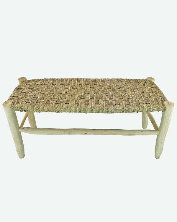 Banco de madera con fibras naturales artesanal, asiento mueble decorativo boho rústico hogar