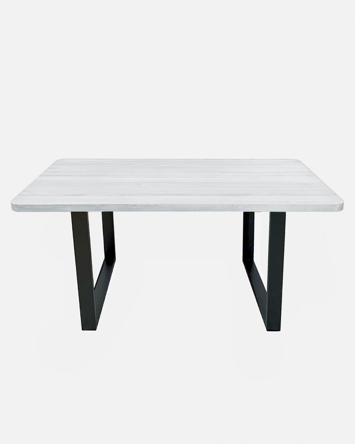 Mesa de comedor de madera maciza blanco envejecido artesanal con hierro forjado, mueble salón rústico moderno