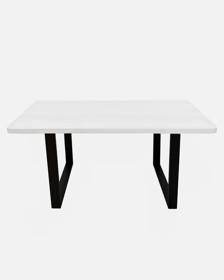 Mesa de comedor de madera maciza blanca artesanal con hierro forjado, mueble salón rústico moderno minimalista