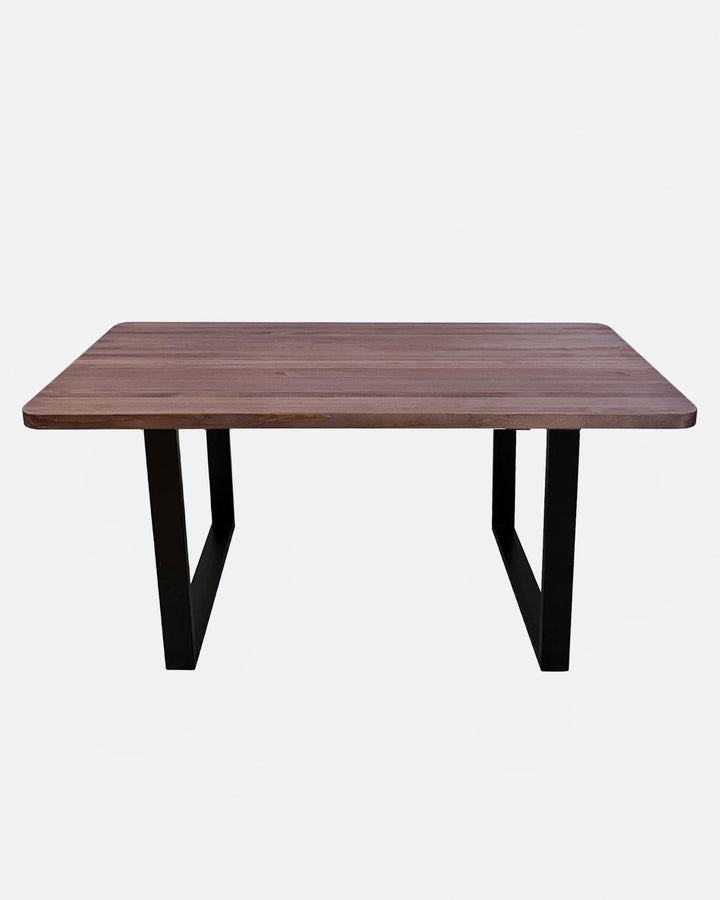 Mesa de comedor de madera maciza nogal artesanal con hierro forjado, mueble salón rústico moderno minimalista
