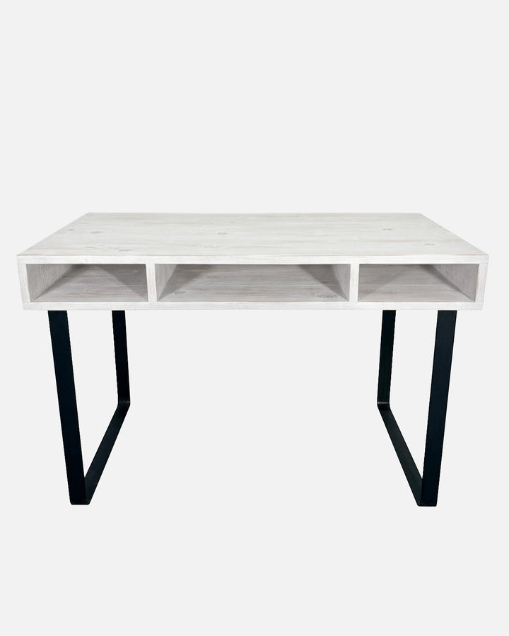Mesa de escritorio de madera maciza blanco envejecido con hierro forjado artesanal, home office industrial