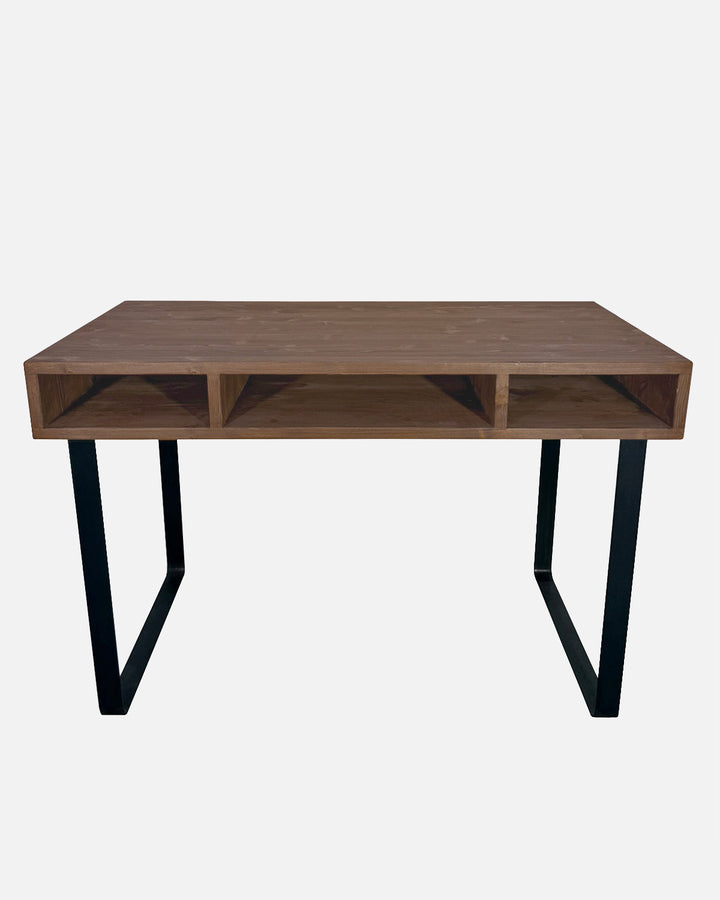 Mesa de escritorio de madera maciza nogal con hierro forjado artesanal, home office industrial moderno