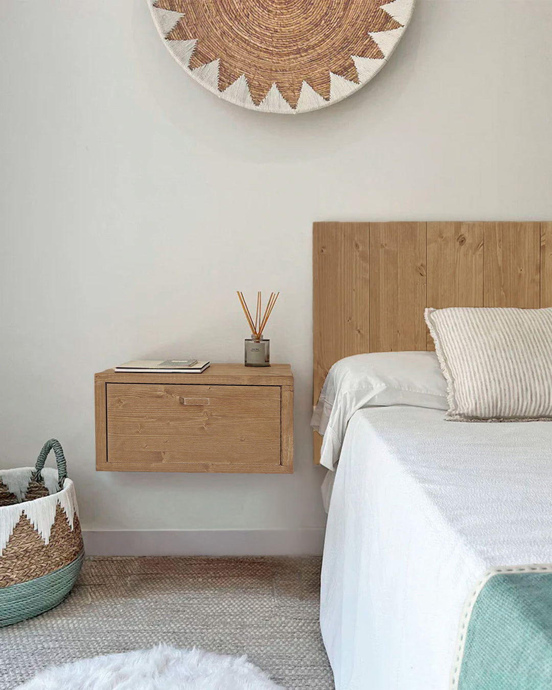 Mesita de noche flotante de madera roble artesanal con cajón, mesilla pared rústica para dormitorio