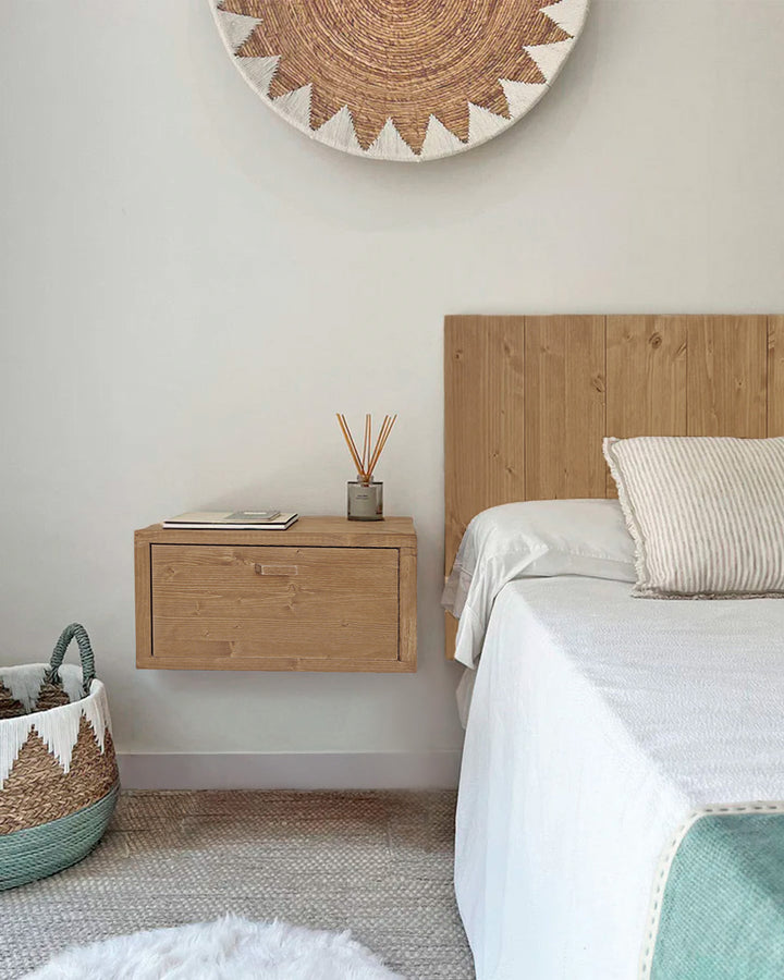 Mesita de noche flotante de madera roble artesanal con cajón, mesilla pared rústica para dormitorio