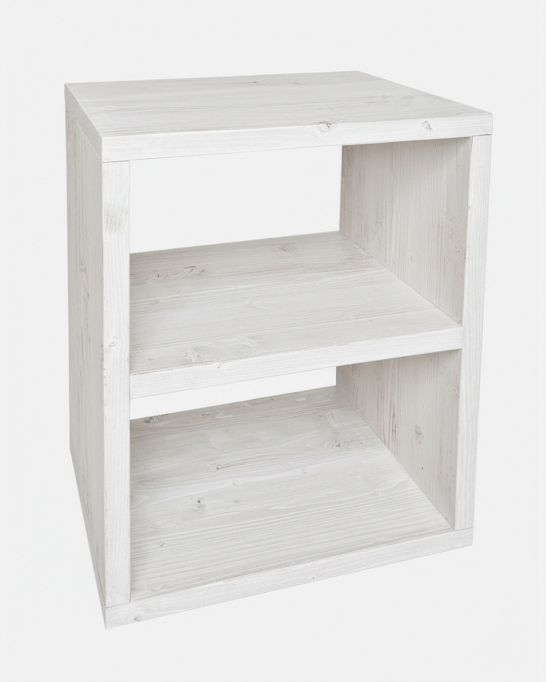 Mesita de noche de madera blanco envejecido maciza artesanal con estantes, mesilla rústica para dormitorio