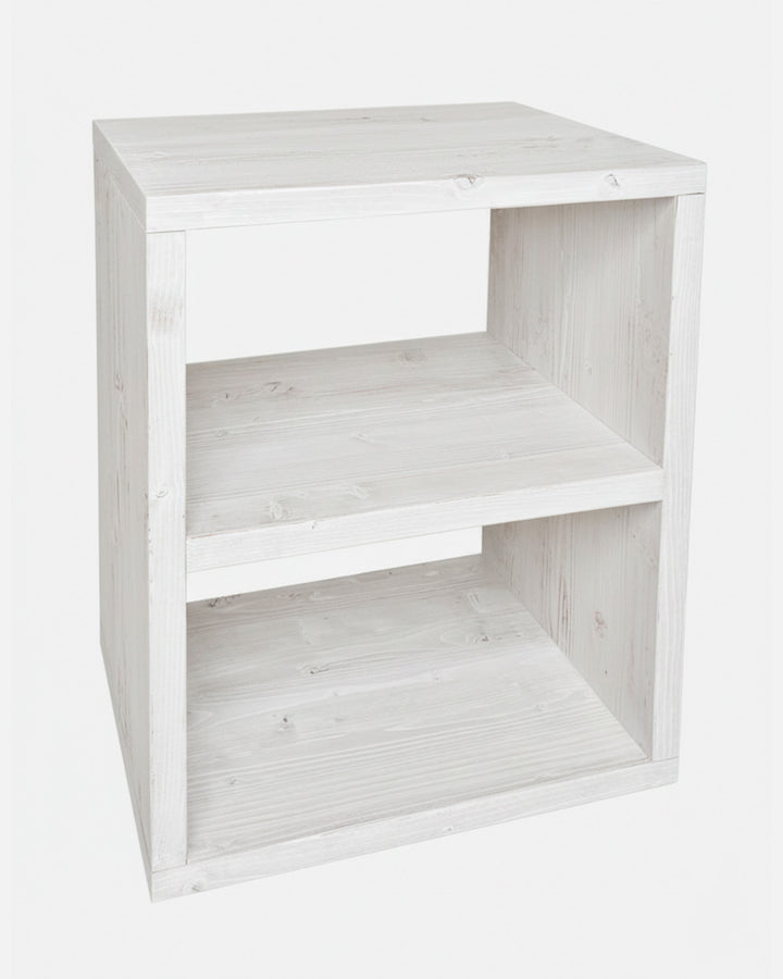 Mesita de noche de madera blanco envejecido maciza artesanal con estantes, mesilla rústica para dormitorio