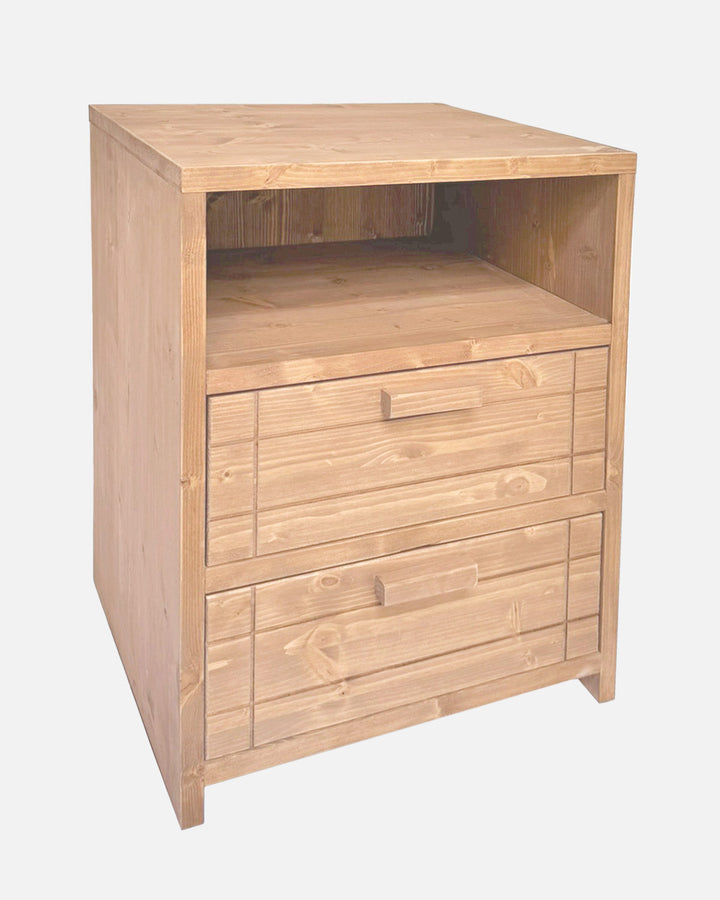 Mesita de noche de madera haya maciza artesanal con 2 cajones, mesilla rústica natural para dormitorio