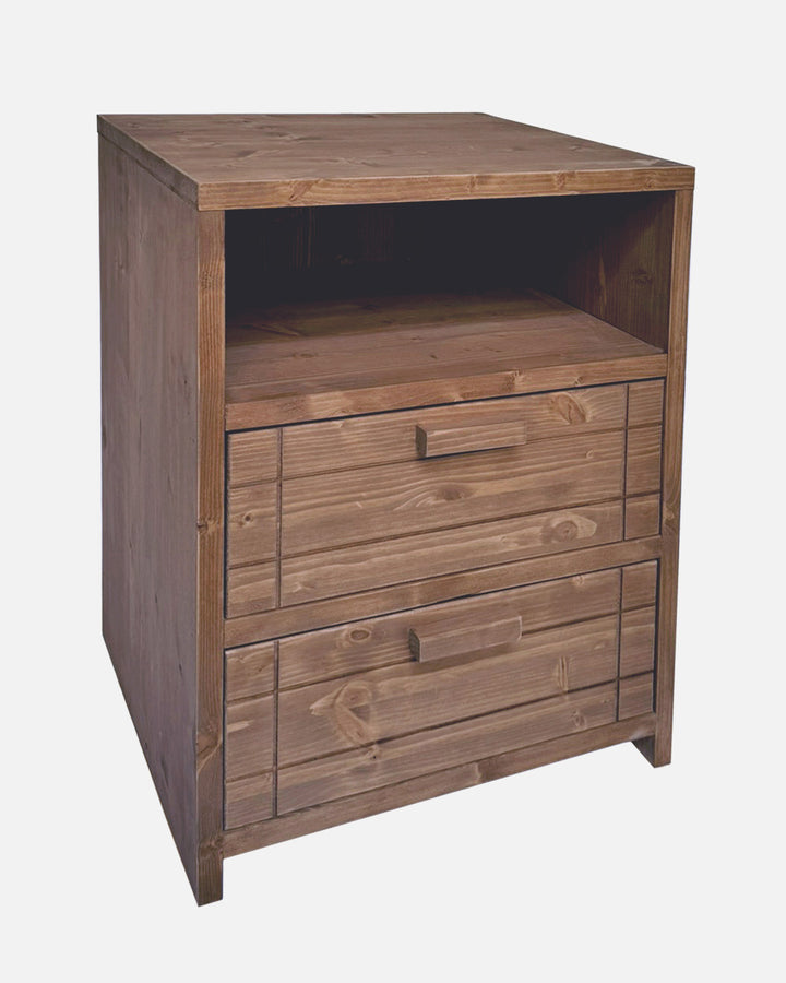 Mesita de noche de madera nogal maciza artesanal con 2 cajones, mesilla rústica elegante para dormitorio