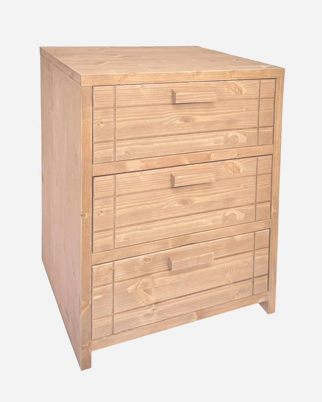 Mesita de noche de madera haya maciza artesanal con 3 cajones, mesilla natural rústica para dormitorio