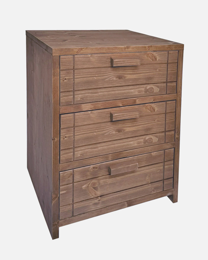 Mesita de noche de madera nogal maciza artesanal con 3 cajones, mesilla natural rústica para dormitorio