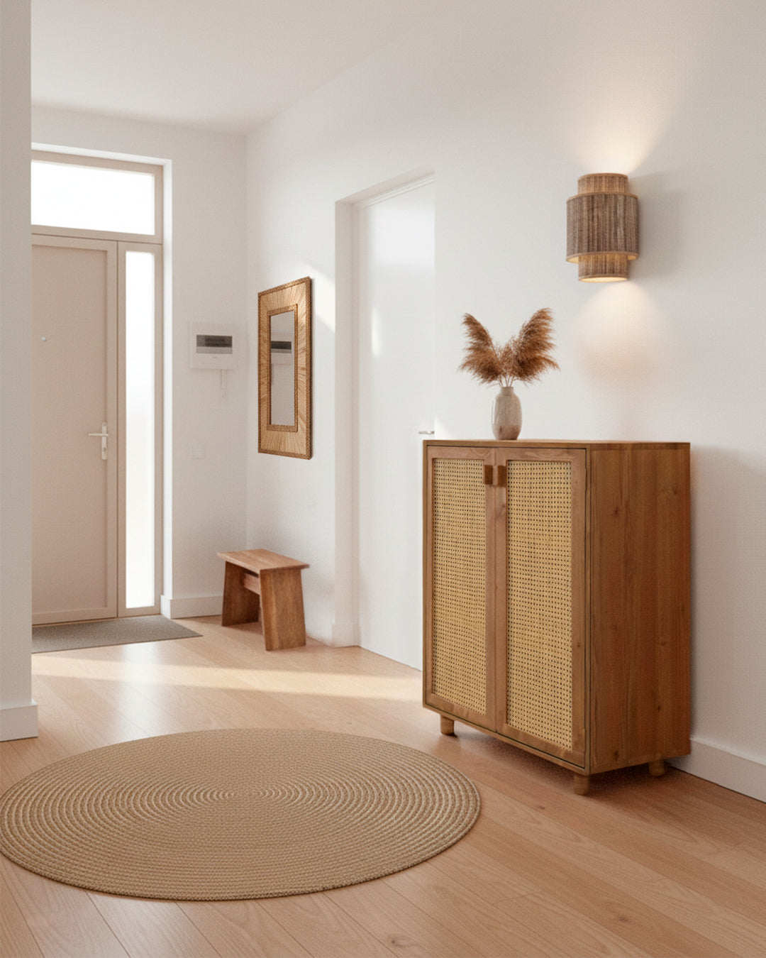 Zapatero de madera maciza con ratán natural artesanal, shoe storage organizador calzado para recibidor