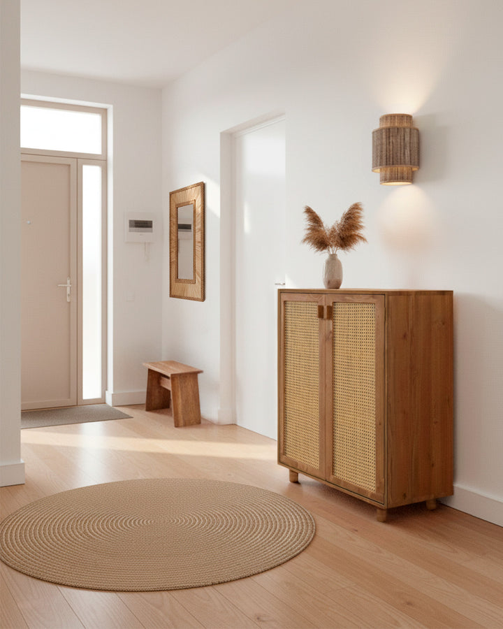 Zapatero de madera maciza con ratán natural artesanal, shoe storage organizador calzado para recibidor